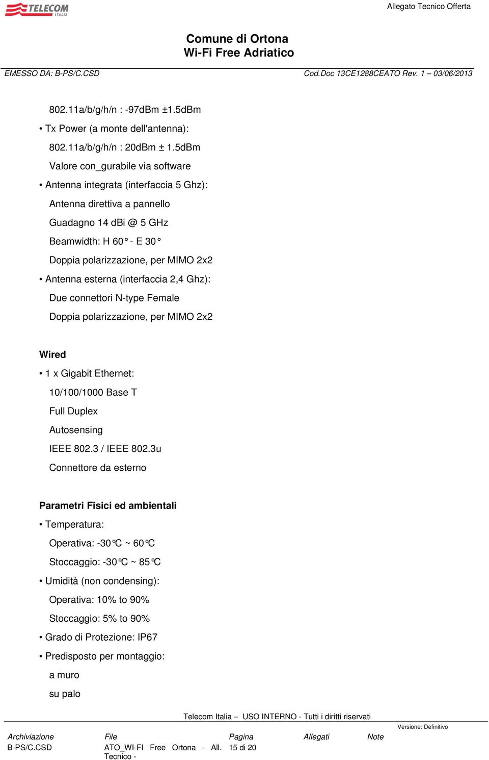 esterna (interfaccia 2,4 Ghz): Due connettori N-type Female Doppia polarizzazione, per MIMO 2x2 Wired 1 x Gigabit Ethernet: 10/100/1000 Base T Full Duplex Autosensing IEEE 802.3 / IEEE 802.