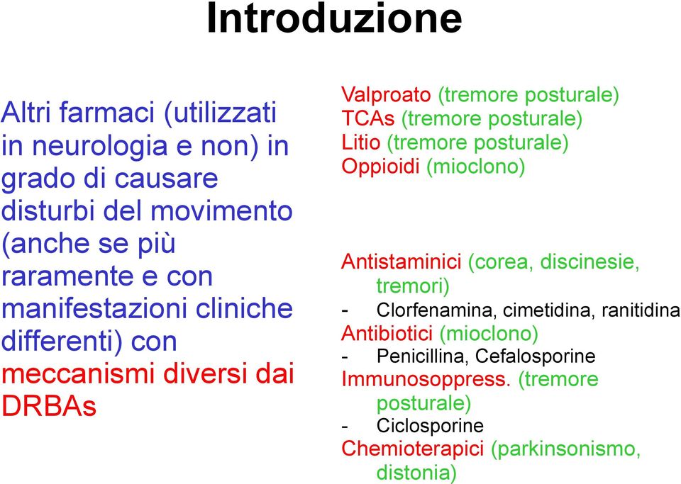 Litio (tremore posturale) Oppioidi (mioclono) Antistaminici (corea, discinesie, tremori) - Clorfenamina, cimetidina, ranitidina