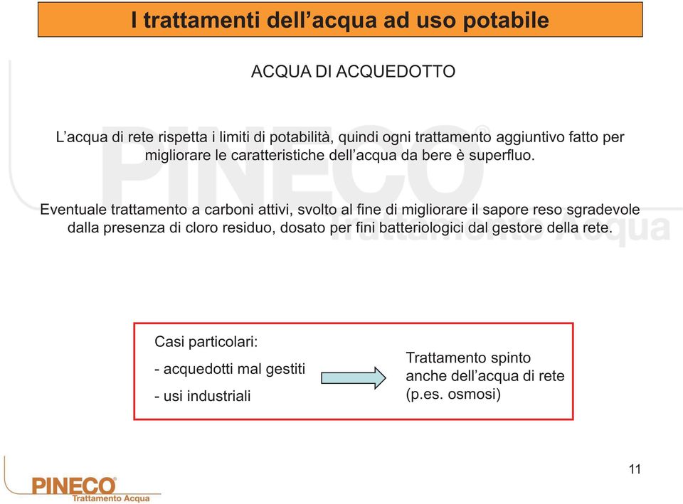 Eventuale trattamento a carboni attivi, svolto al fine di migliorare il sapore reso sgradevole dalla presenza di cloro residuo,