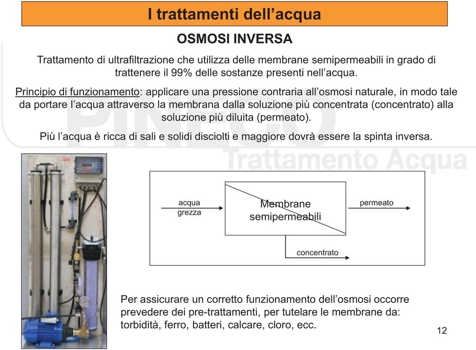 (concentrato) alla soluzione più diluita (permeato). Più l acqua è ricca di sali e solidi disciolti e maggiore dovrà essere la spinta inversa.