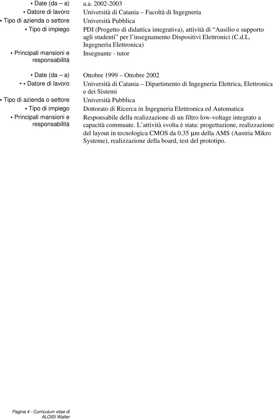 Ingegneria Elettronica) Insegnante - tutor Date (da a) Ottobre 1999 Ottobre 2002 Datore di lavoro Università di Catania Dipartimento di Ingegneria Elettrica, Elettronica e dei Sistemi Tipo di impiego