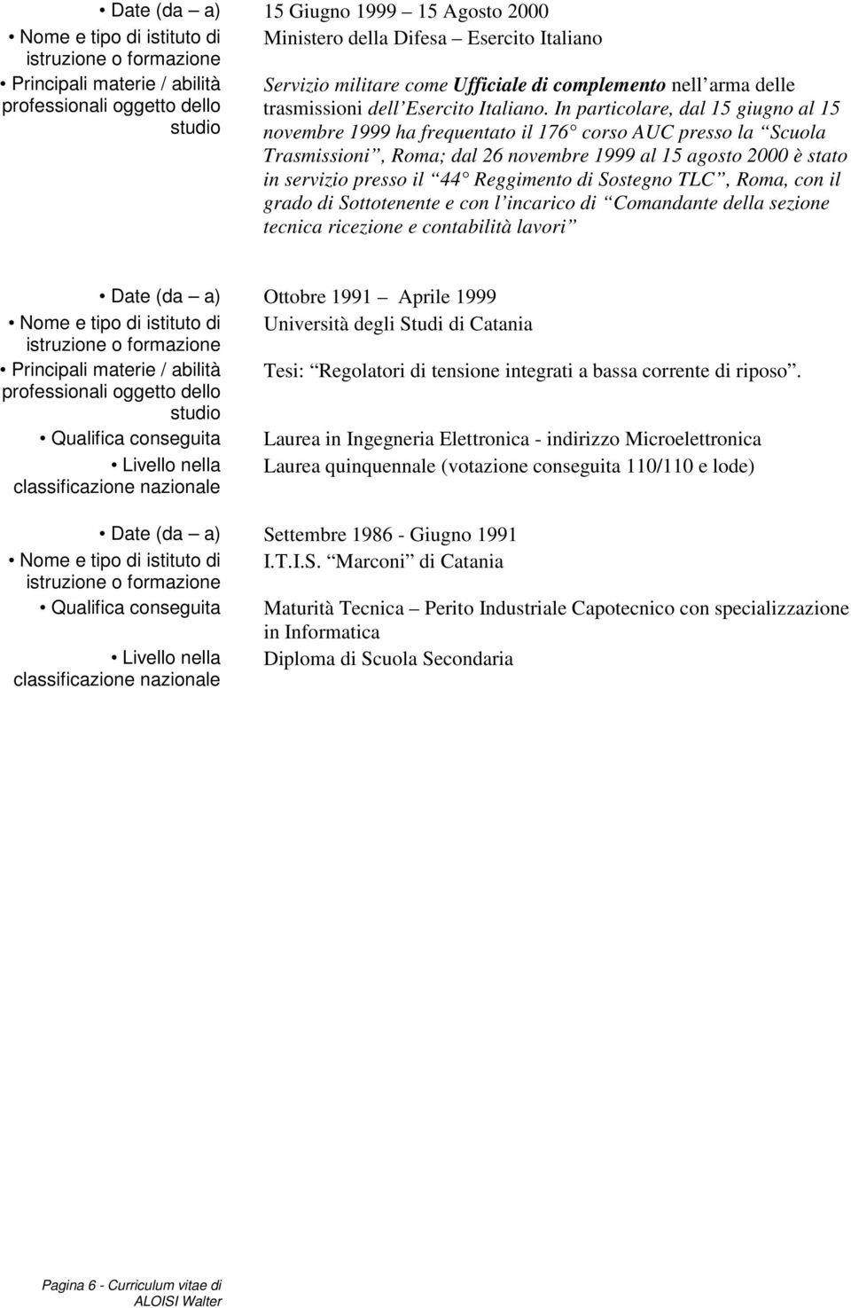 In particolare, dal 15 giugno al 15 studio novembre 1999 ha frequentato il 176 corso AUC presso la Scuola Trasmissioni, Roma; dal 26 novembre 1999 al 15 agosto 2000 è stato in servizio presso il 44