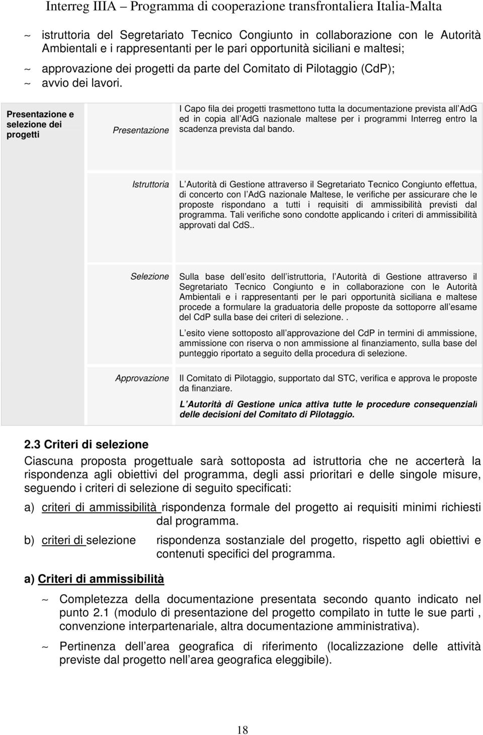 Presentazione e selezione dei progetti Presentazione I Capo fila dei progetti trasmettono tutta la documentazione prevista all AdG ed in copia all AdG nazionale maltese per i programmi Interreg entro