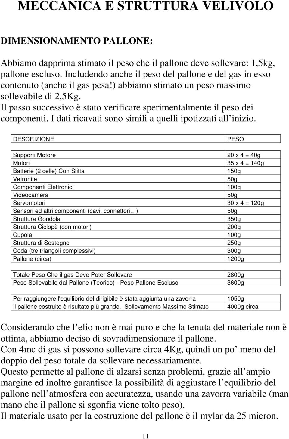 Il passo successivo è stato verificare sperimentalmente il peso dei componenti. I dati ricavati sono simili a quelli ipotizzati all inizio.