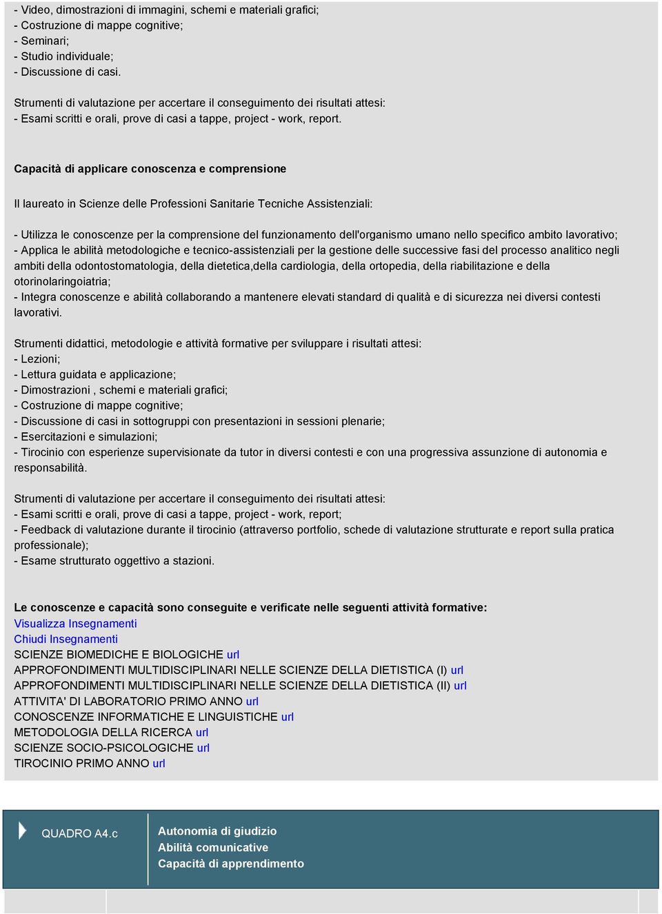 Capacità di applicare conoscenza e comprensione Il laureato in Scienze delle Professioni Sanitarie Tecniche Assistenziali: - Utilizza le conoscenze per la comprensione del funzionamento