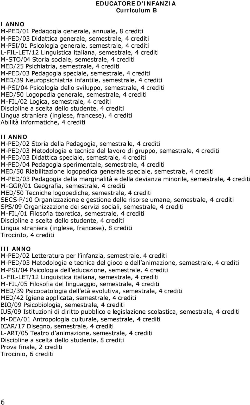 MED/39 Neuropsichiatria infantile, semestrale, 4 crediti M-PSI/04 Psicologia dello sviluppo, semestrale, 4 crediti MED/50 Logopedia generale, semestrale, 4 crediti M-FIL/02 Logica, semestrale, 4