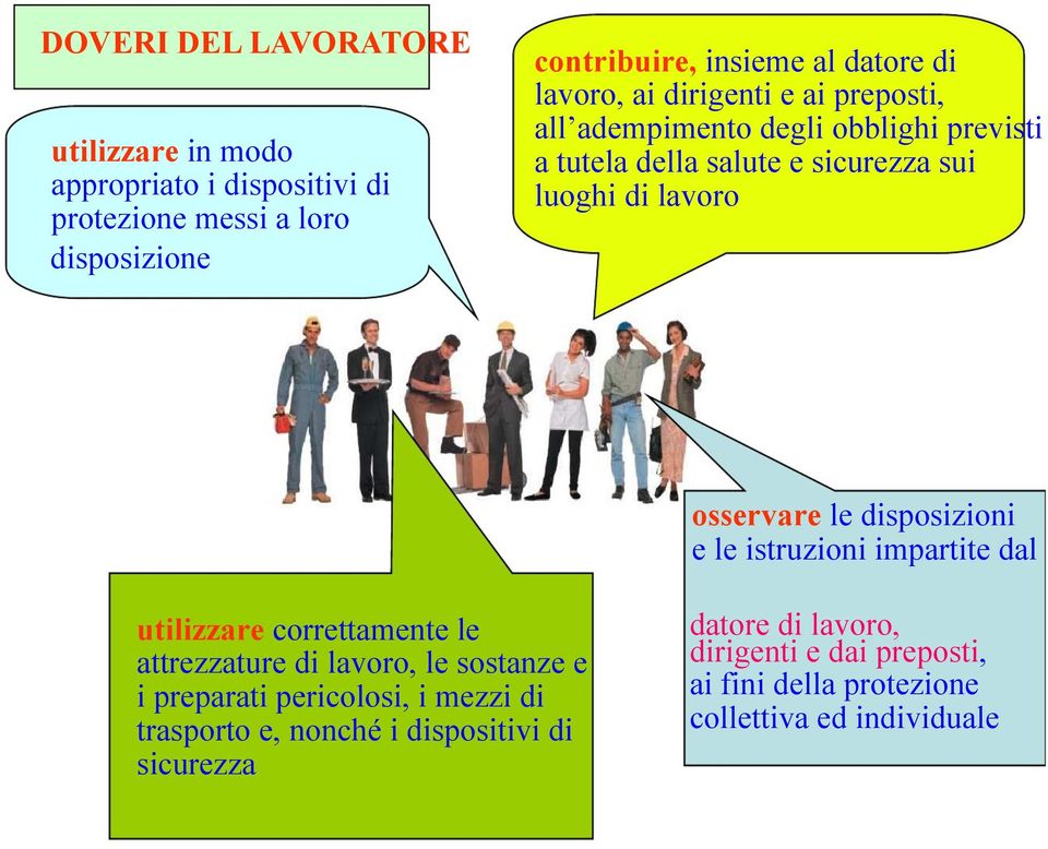 le disposizioni e le istruzioni impartite dal utilizzare correttamente le attrezzature di lavoro, le sostanze e i preparati pericolosi, i