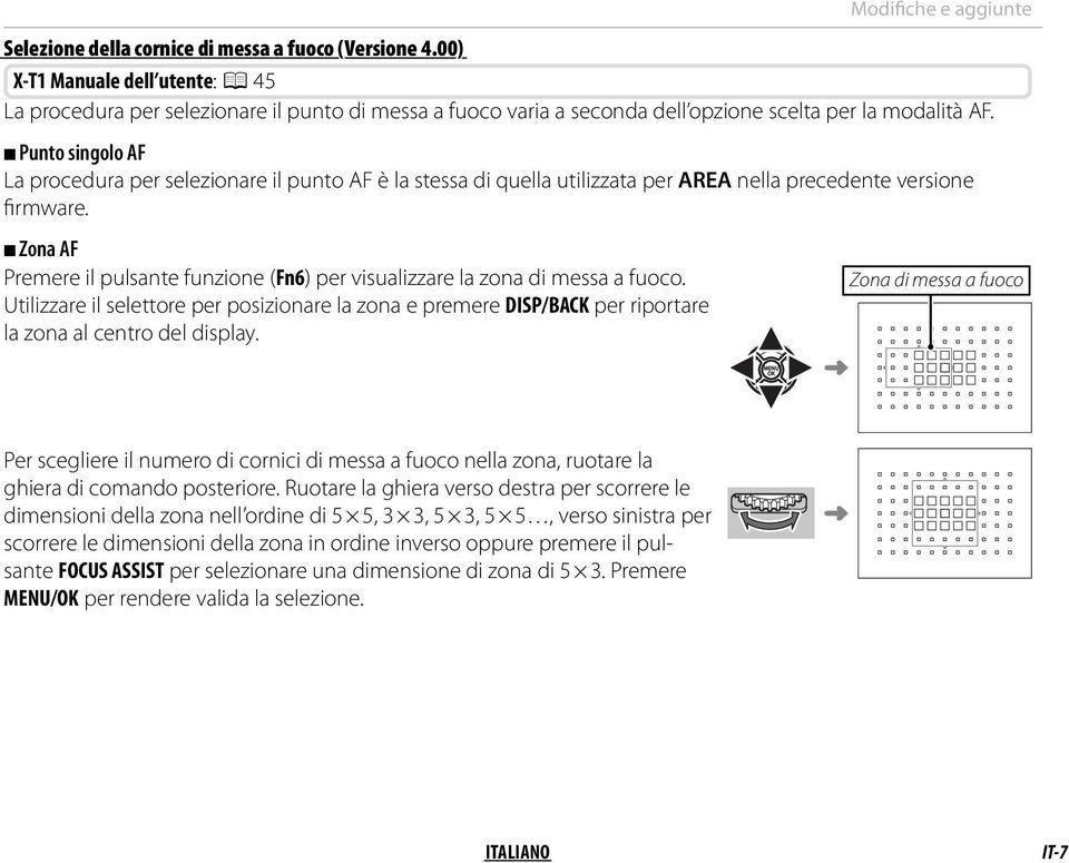 Punto singolo AF La procedura per selezionare il punto AF è la stessa di quella utilizzata per AREA nella precedente versione firmware.