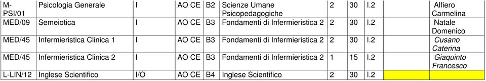 2 Natale Domenico MED/45 Infermieristica Clinica 1 I AO CE B3 Fondamenti di Infermieristica 2 2 30 I.