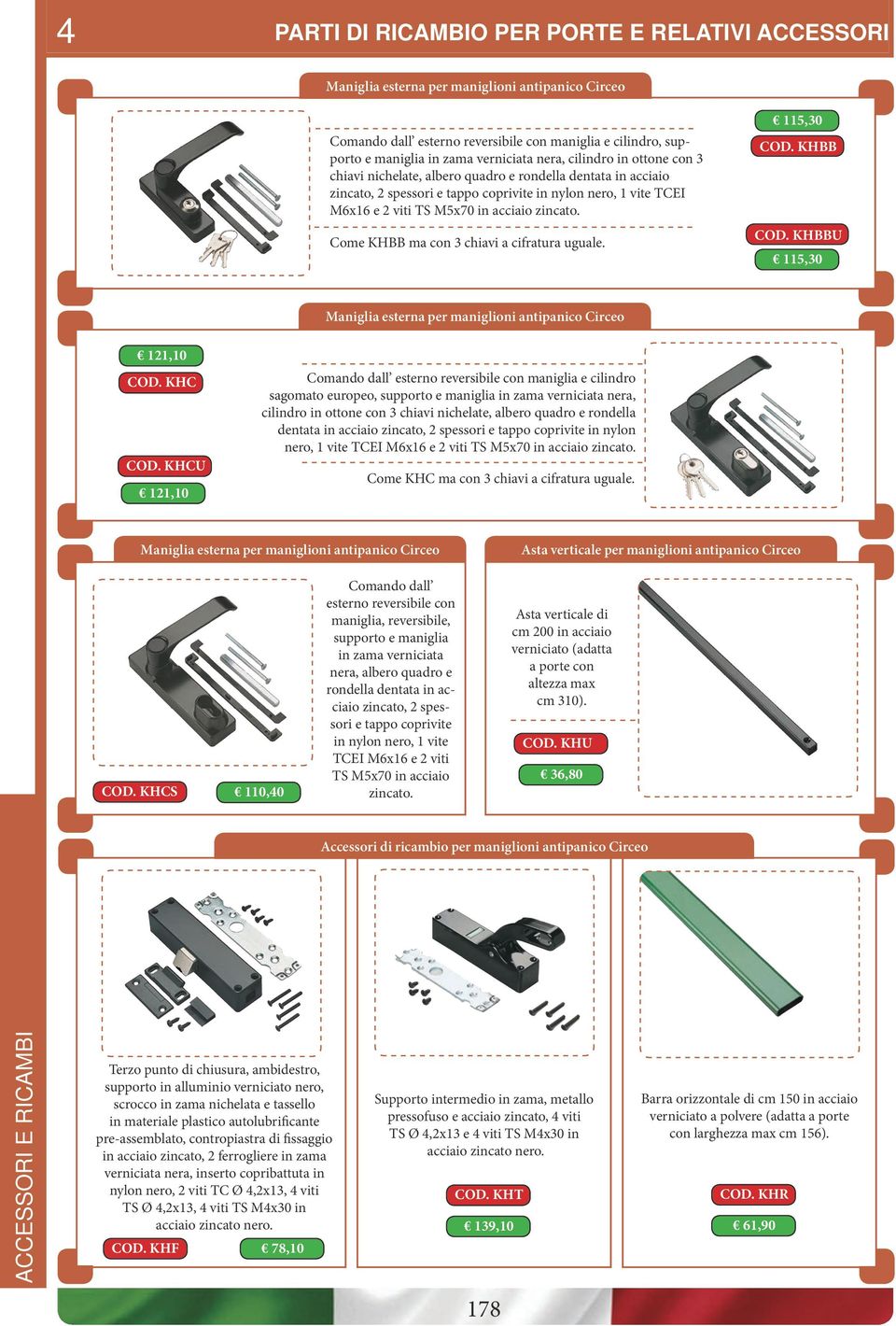 zincato. Come KHBB ma con 3 chiavi a cifratura uguale. 115,30 COD. KHBB COD. KHBBU 115,30 Maniglia esterna per maniglioni antipanico Circeo 121,10 COD. KHC COD.