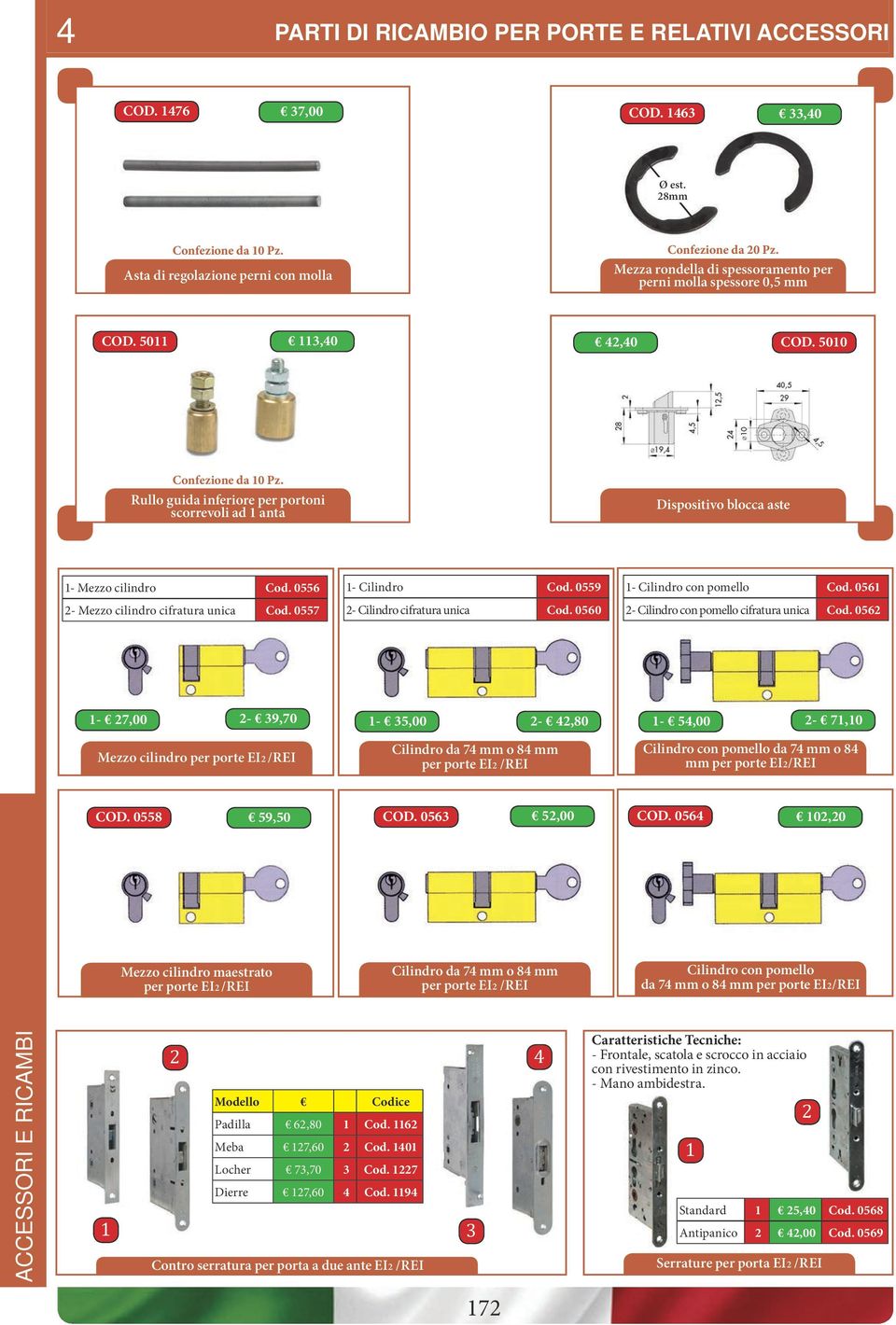 Rullo guida inferiore per portoni scorrevoli ad 1 anta Dispositivo blocca aste 1- Mezzo cilindro Cod. 0556 2- Mezzo cilindro cifratura unica Cod. 0557 1- Cilindro Cod.