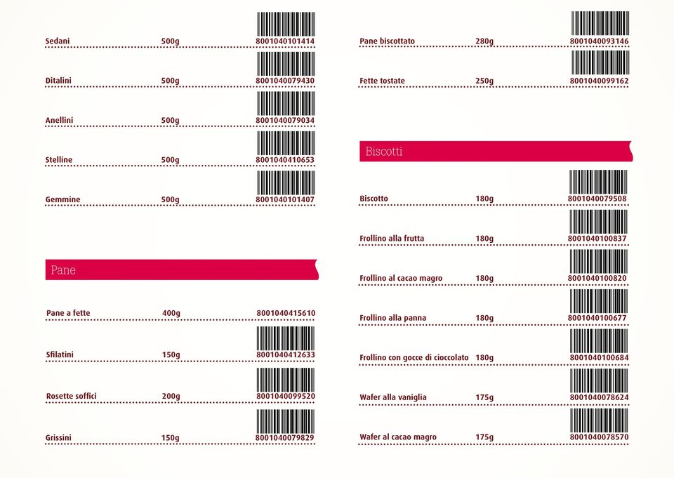 magro 180g 8001040100820 Pane a fette 400g 8001040415610 Frollino alla panna 180g 8001040100677 Sfilatini 150g 8001040412633 Frollino con gocce di