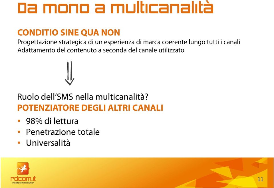 contenuto a seconda del canale utilizzato Ruolo dell SMS nella