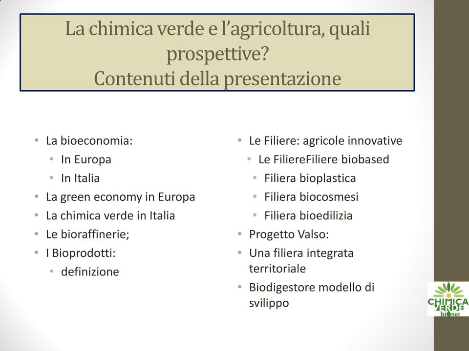 bioraffinerie; I Bioprodotti: definizione Le Filiere: agricole innovative Le FiliereFiliere biobased