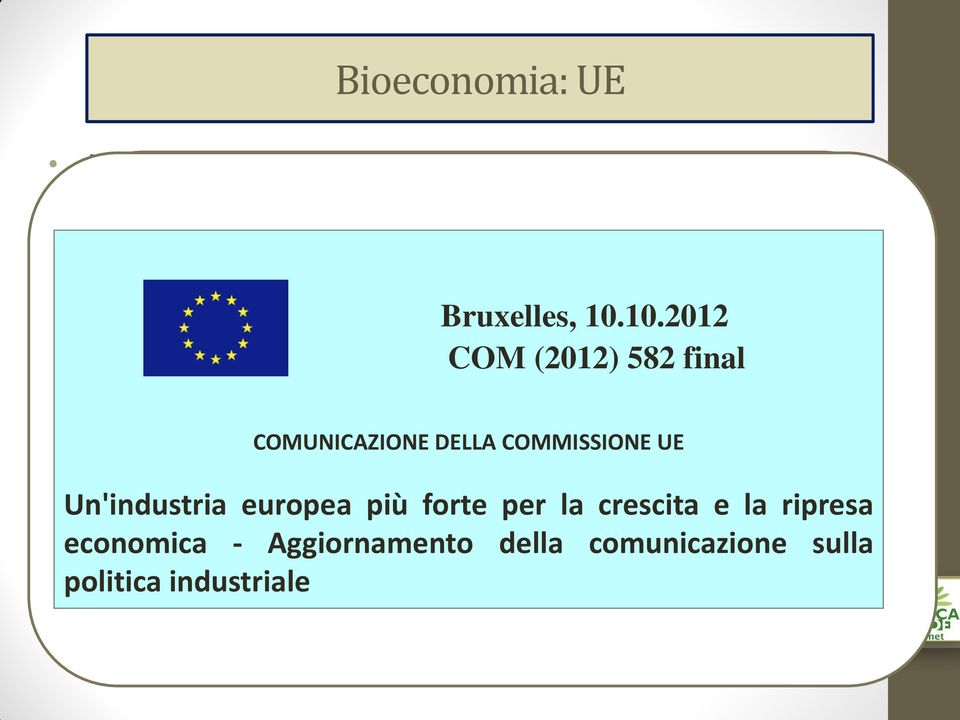 10.2012 60 final La bioeconomia: COM (2012) 582 final comprende l uso di processi di produzione fondati su bioprodotti; COMUNICAZIONE DELLA COMMISSIONE UE comprende i settori dell agricoltura, della