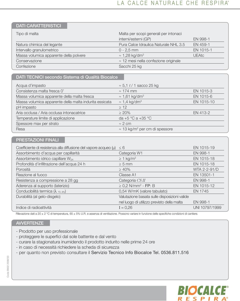 secondo Sistema di Qualità Biocalce Acqua d impasto 5,1 l / 1 sacco 25 kg Consistenza malta fresca 0 174 mm EN 1015-3 Massa volumica apparente della malta fresca 1,61 kg/dm 3 EN 1015-6 Massa volumica