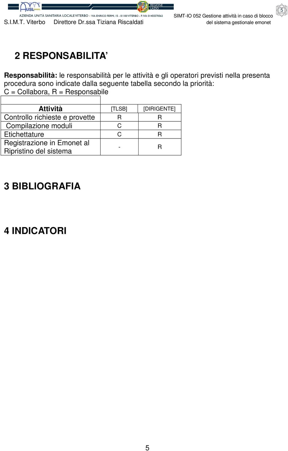 Responsabile Attività [TLSB] [DIRIGENTE] Controllo richieste e provette R R Compilazione moduli C R