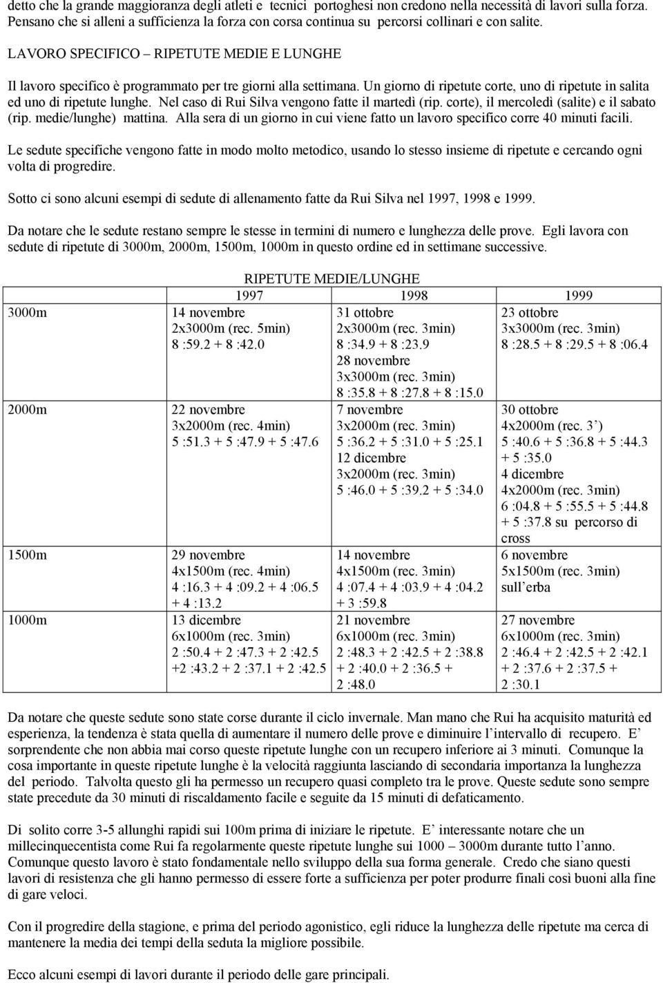 LAVORO SPECIFICO RIPETUTE MEDIE E LUNGHE Il lavoro specifico è programmato per tre giorni alla settimana. Un giorno di ripetute corte, uno di ripetute in salita ed uno di ripetute lunghe.