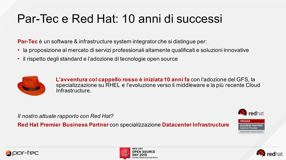 avventura col cappello rosso è iniziata 10 anni fa con l adozione del GFS, la specializzazione su RHEL e l evoluzione verso il middleware e la