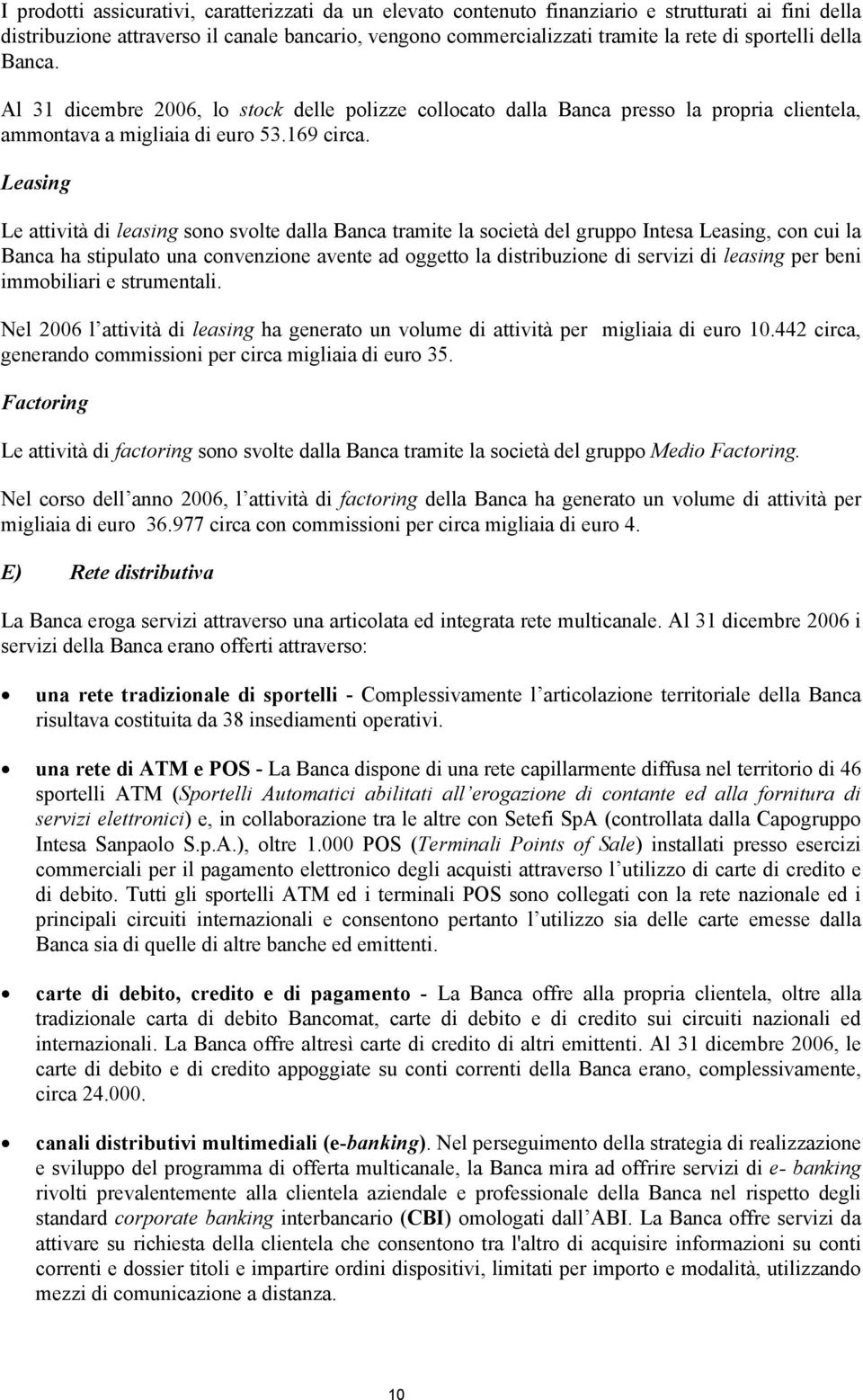 Leasing Le attività di leasing sono svolte dalla Banca tramite la società del gruppo Intesa Leasing, con cui la Banca ha stipulato una convenzione avente ad oggetto la distribuzione di servizi di