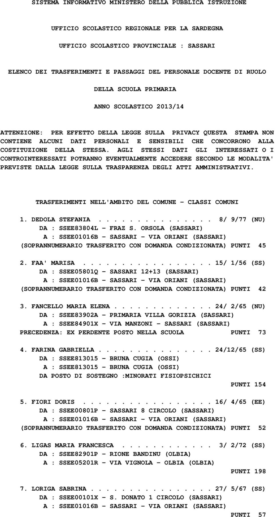 DELLA STESSA. AGLI STESSI DATI GLI INTERESSATI O I CONTROINTERESSATI POTRANNO EVENTUALMENTE ACCEDERE SECONDO LE MODALITA' PREVISTE DALLA LEGGE SULLA TRASPARENZA DEGLI ATTI AMMINISTRATIVI.