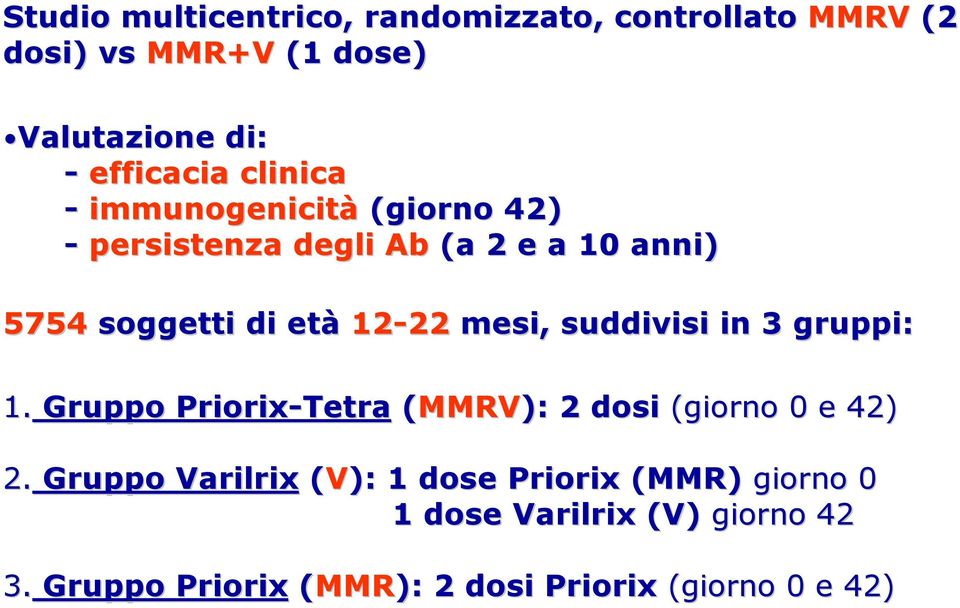 mesi, suddivisi in 3 gruppi: 1. Gruppo Priorix-Tetra (MMRV): 2 dosi (giorno 0 e 42) 2.
