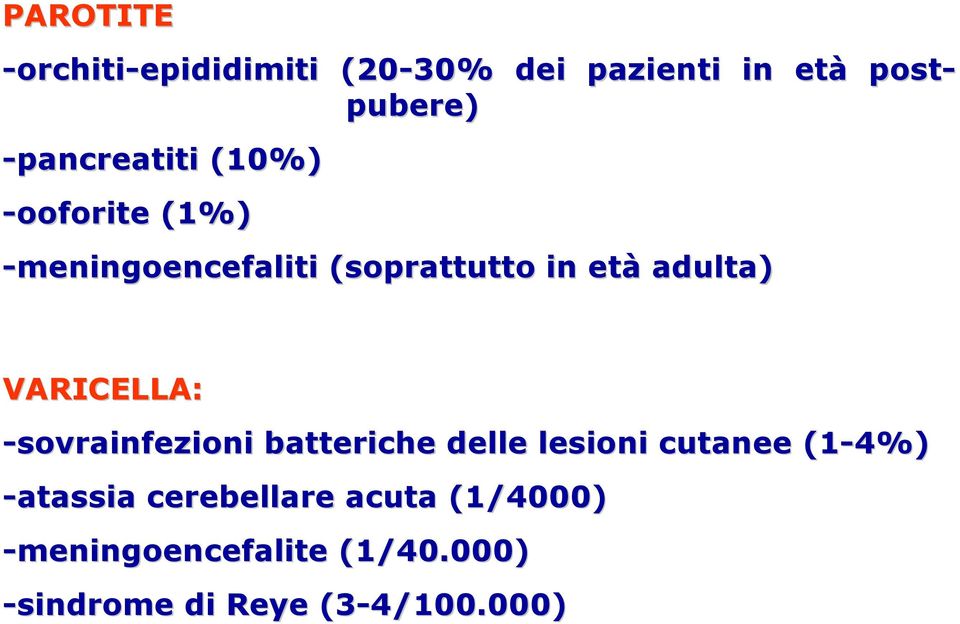 adulta) VARICELLA: -sovrainfezioni batteriche delle lesioni cutanee (1-4%)