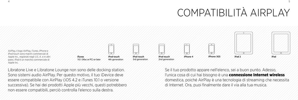 Per questo motivo, il tuo idevice deve essere compatibile con AirPlay (ios 4.2 e itunes 10.1 o versione successiva).