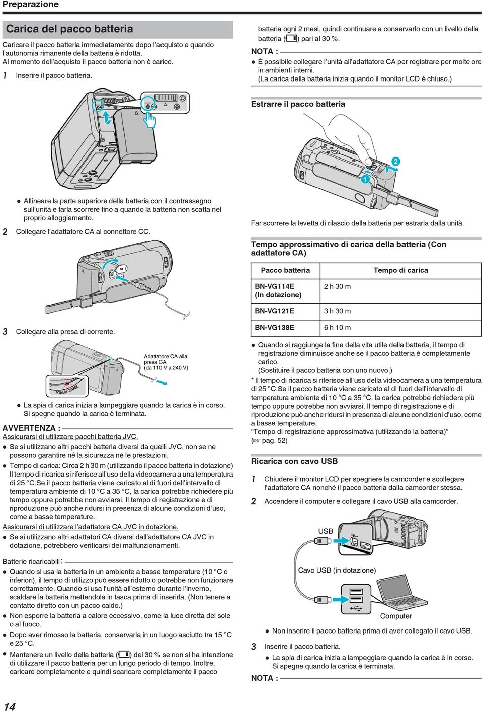 registrare per molte ore in ambienti interni (La carica della batteria inizia quando il monitor LCD è chiuso) Estrarre il pacco batteria 0 Allineare la parte superiore della batteria con il