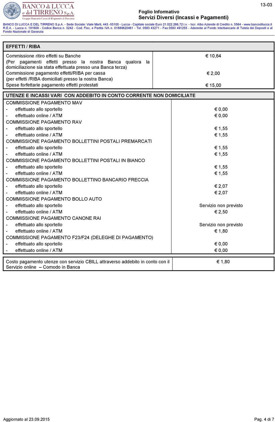 DOMICILIATE COMMISSIONE PAGAMENTO MAV - effettuato allo sportello 0,00 - effettuato online / ATM 0,00 COMMISSIONE PAGAMENTO RAV - effettuato allo sportello 1,55 - effettuato online / ATM 1,55