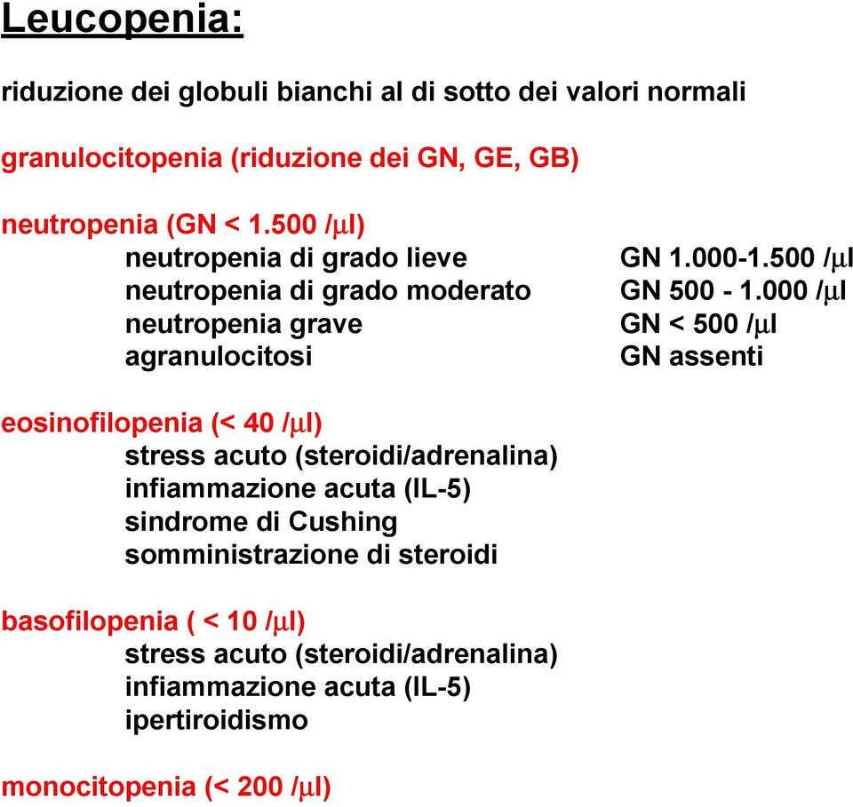 000 /µl GN < 500 /µl GN assenti eosinofilopenia (< 40 /µl) stress acuto (steroidi/adrenalina) infiammazione acuta (IL-5) sindrome di Cushing