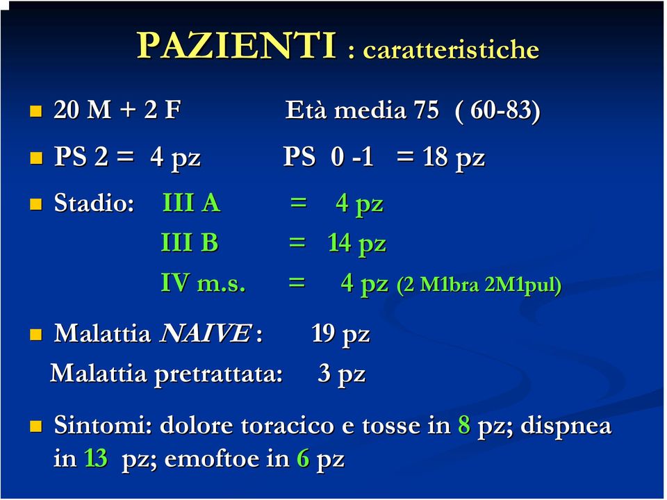 = 4 pz (2 M1bra 2M1pul) Malattia NAIVE : 19 pz Malattia pretrattata: 3