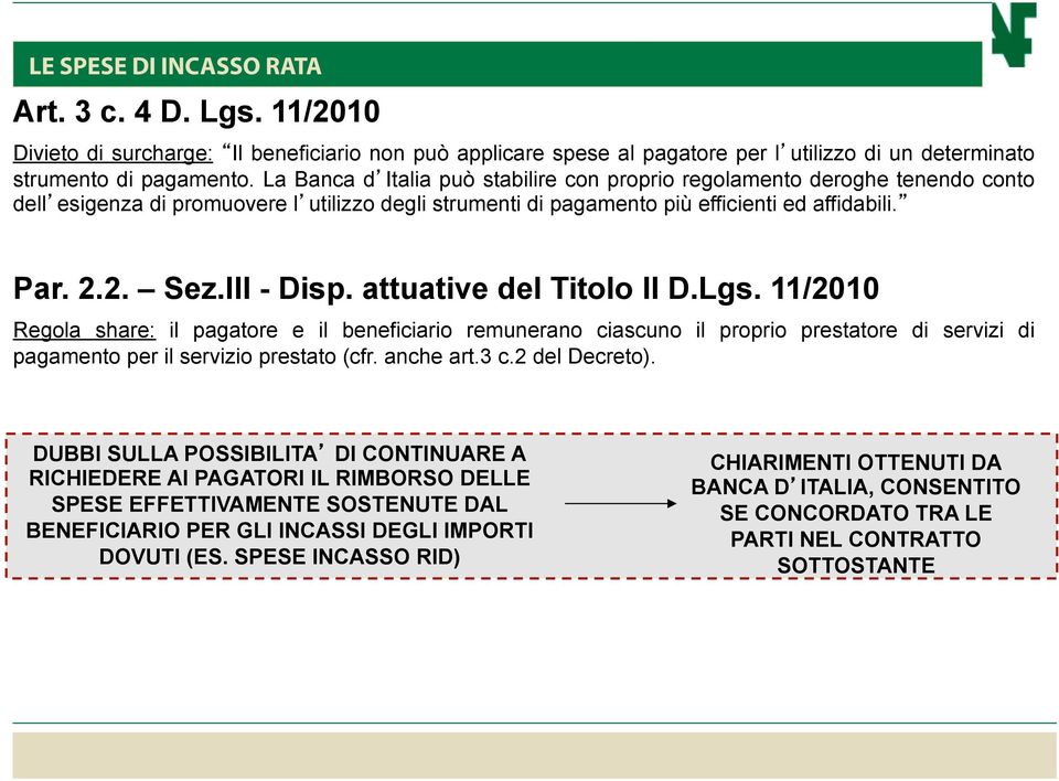 III - Disp. attuative del Titolo II D.Lgs. 11/2010 Regola share: il pagatore e il beneficiario remunerano ciascuno il proprio prestatore di servizi di pagamento per il servizio prestato (cfr.