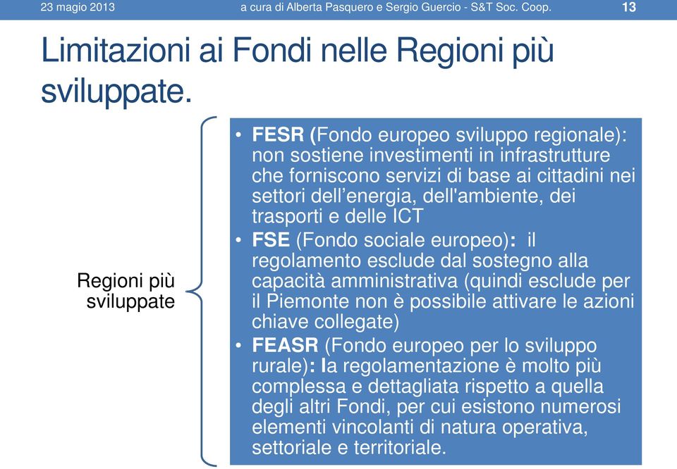 dell'ambiente, dei trasporti e delle ICT FSE (Fondo sociale europeo): il regolamento esclude dal sostegno alla capacità amministrativa (quindi esclude per il Piemonte non è possibile