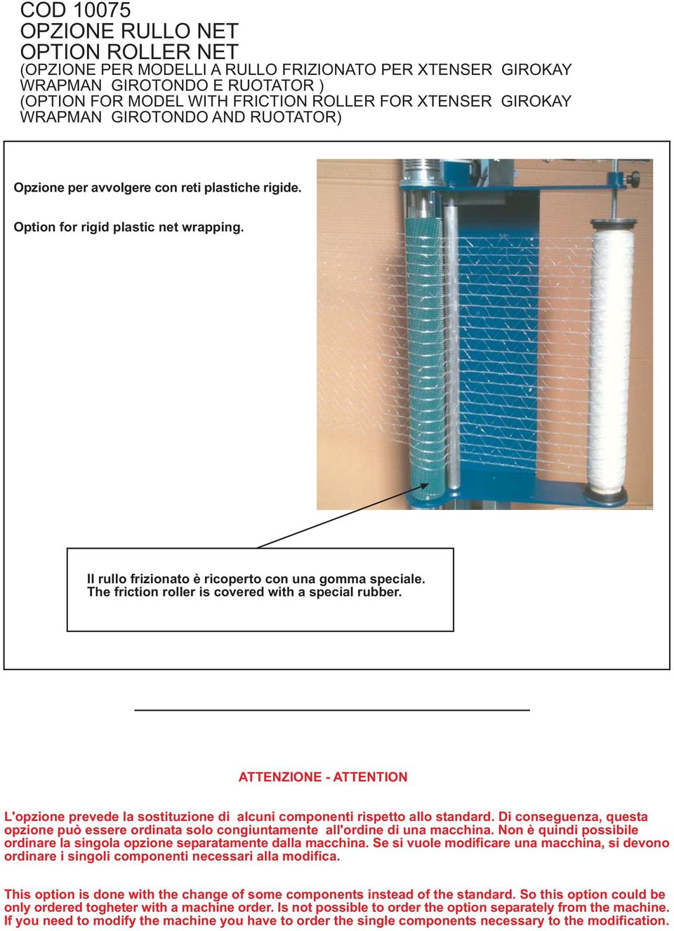 The friction roller is covered with a special rubber. ATTENZIONE - ATTENTION L'opzione prevede la sostituzione di alcuni componenti rispetto allo standard.