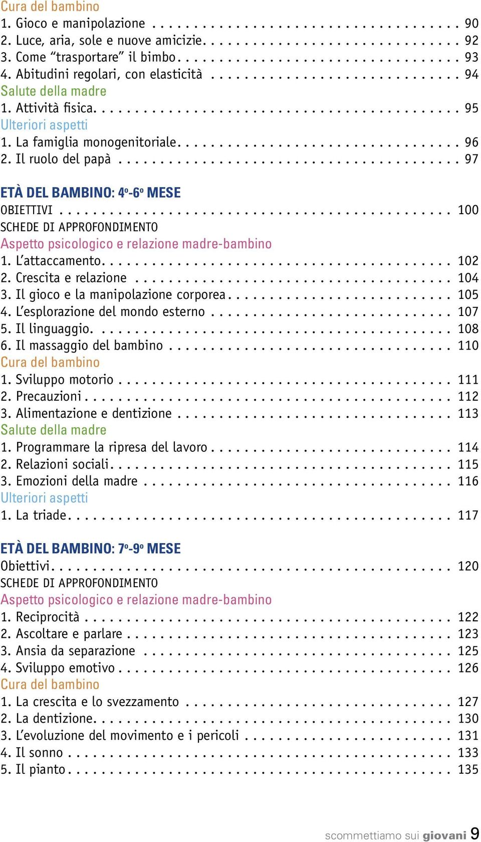 .. 100 Schede di approfondimento Aspetto psicologico e relazione madre-bambino 1. L attaccamento... 102 2. Crescita e relazione... 104 3. Il gioco e la manipolazione corporea... 105 4.