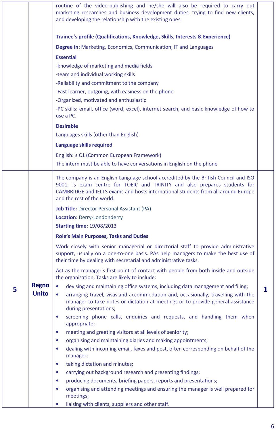 Trainee s profile (Qualifications, Knowledge, Skills, Interests & Experience) Degree in: Marketing, Economics, Communication, IT and Languages Essential -knowledge of marketing and media fields -team