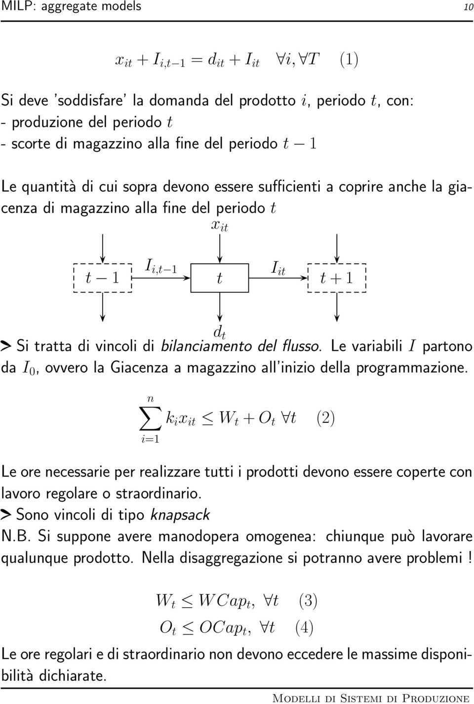 flusso. Le variabili I partono da I 0, ovvero la Giacenza a magazzino all inizio della programmazione.