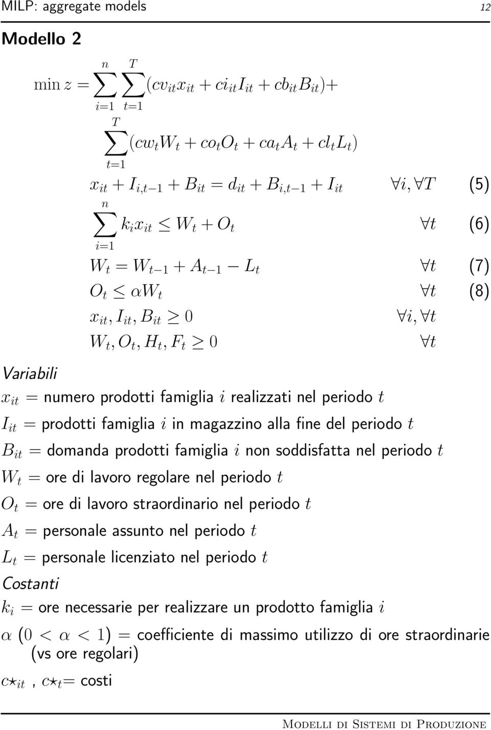 famiglia i in magazzino alla fine del periodo t i, t B it = domanda prodotti famiglia i non soddisfatta nel periodo t W t = ore di lavoro regolare nel periodo t O t = ore di lavoro straordinario nel