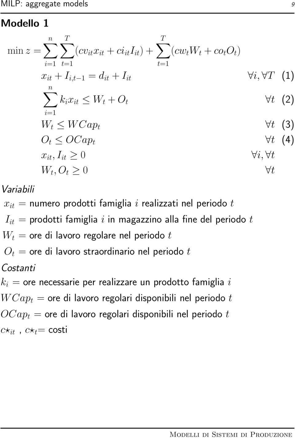 magazzino alla fine del periodo t W t = ore di lavoro regolare nel periodo t O t = ore di lavoro straordinario nel periodo t Costanti k i = ore necessarie per