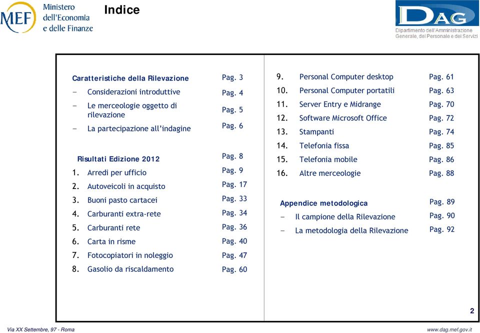 Autoveicoli in acquisto Pag. 8 Pag. 9 Pag. 17 14. Telefonia fissa 15. Telefonia mobile 16. Altre merceologie Pag. 85 Pag. 86 Pag. 88 3. Buoni pasto cartacei 4. Carburanti extra-rete 5.