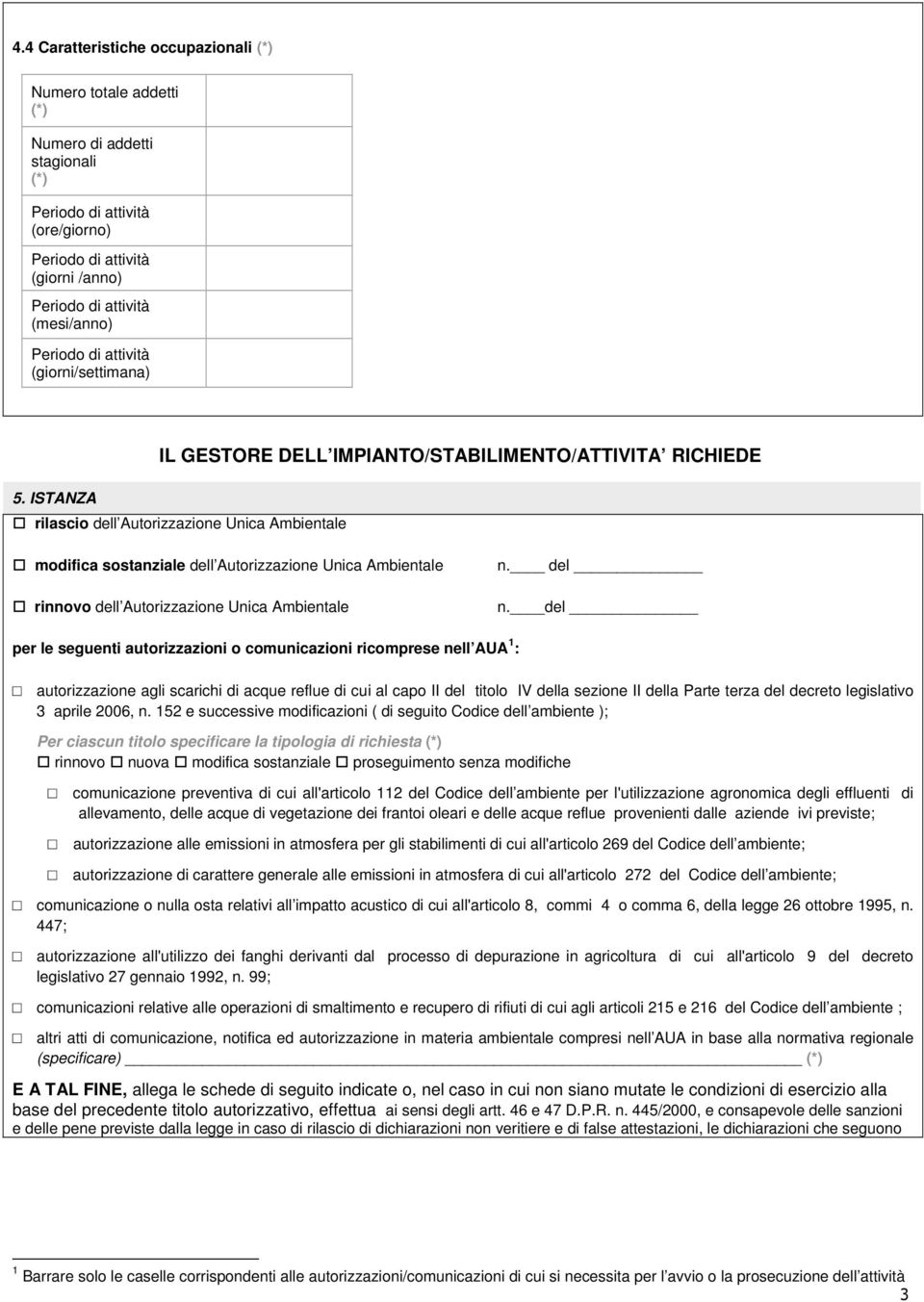 ISTANZA IL GESTORE DELL IMPIANTO/STABILIMENTO/ATTIVITA RICHIEDE rilascio dell Autorizzazione Unica Ambientale modifica sostanziale dell Autorizzazione Unica Ambientale rinnovo dell Autorizzazione