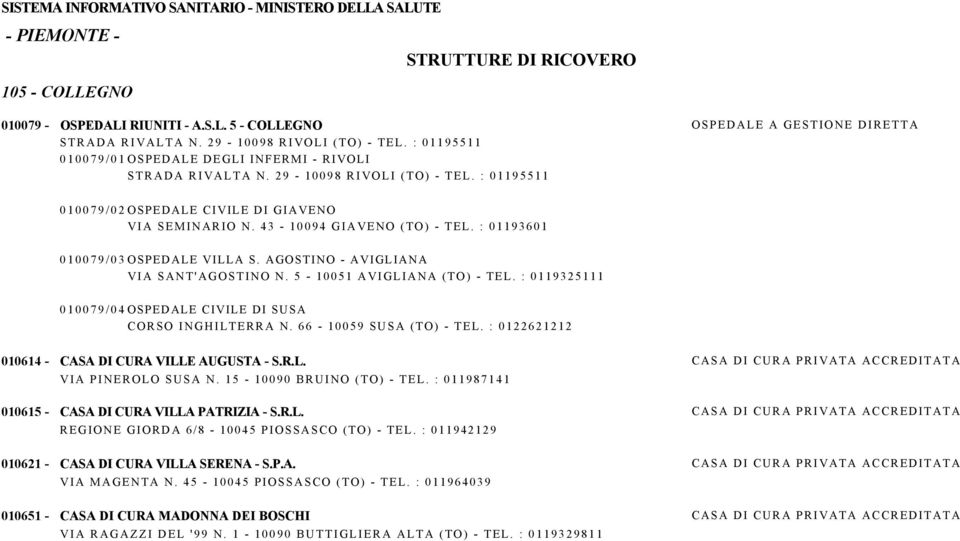 AGOSTINO - AVIGLIANA VIA SANT'AGOSTINO N. 5-10051 AVIGLIANA (TO) - TEL. : 0119325111 010079/04 OSPEDALE - CIVILE DI SUSA CORSO INGHILTERRA N. 66-10059 SUSA (TO) - TEL.