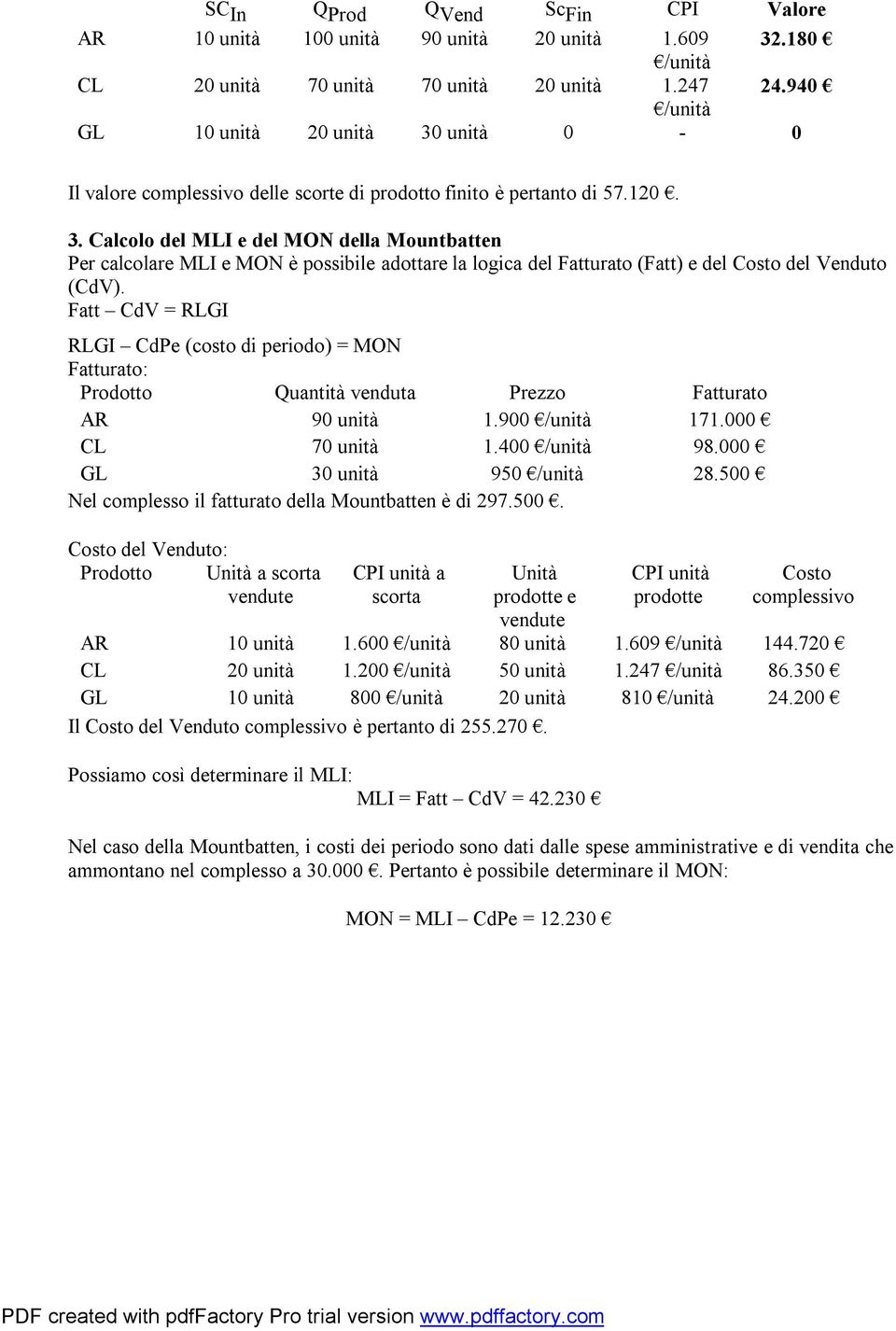 Fatt CdV = RLGI RLGI CdPe (costo di periodo) = MON Fatturato: Prodotto Quantità venduta Prezzo Fatturato AR 90 unità 1.900 /unità 171.000 CL 70 unità 1.400 /unità 98.000 GL 30 unità 950 /unità 28.