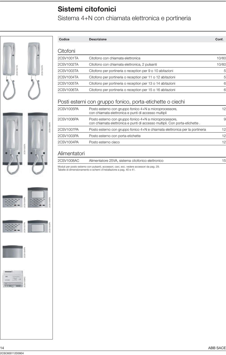 5 CSV1004T Citofono per portineria o reception per 11 o 1 abitazioni 5 CSV1005T Citofono per portineria o reception per 13 o 14 abitazioni 6 CSV1006T Citofono per portineria o reception per 15 o 16