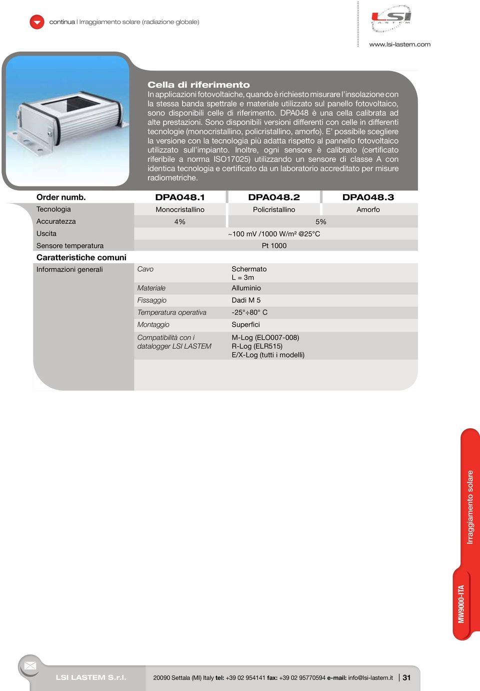 richiesto misurare l insolazione con la stessa banda spettrale e materiale utilizzato sul panello fotovoltaico, sono disponibili celle di riferimento. DPA048 è una cella calibrata ad alte prestazioni.