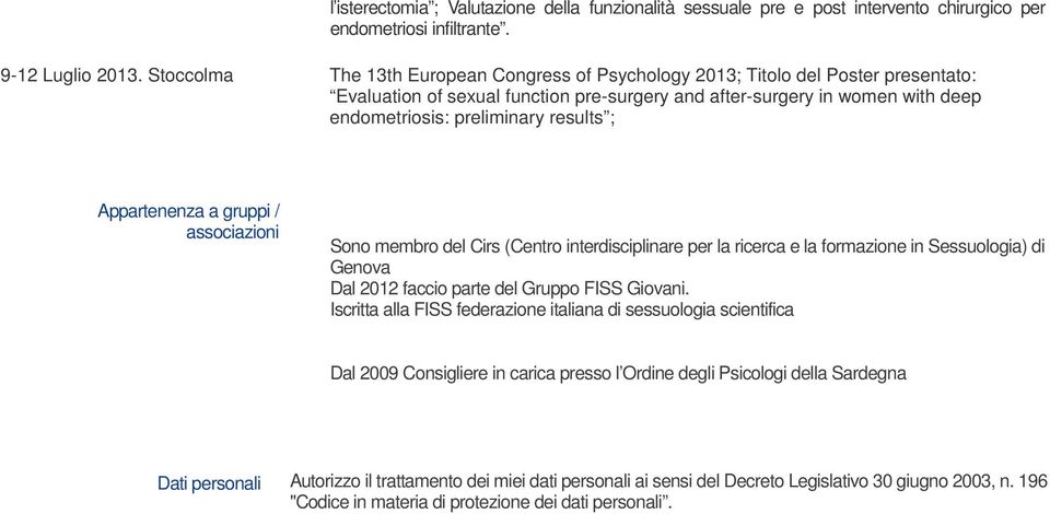 results ; Appartenenza a gruppi / associazioni Sono membro del Cirs (Centro interdisciplinare per la ricerca e la formazione in Sessuologia) di Genova Dal 2012 faccio parte del Gruppo FISS Giovani.