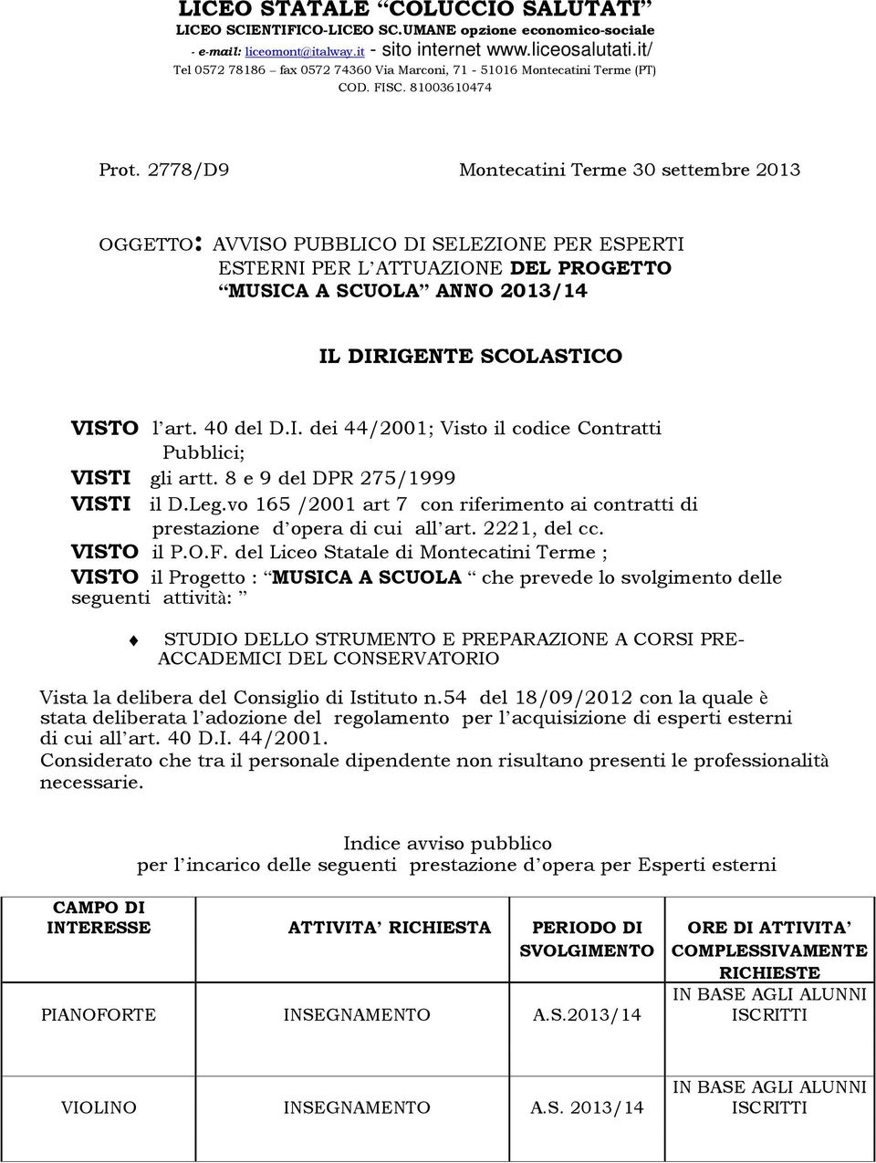 vo 165 /2001 art 7 con riferimento ai contratti di prestazione d opera di cui all art. 2221, del cc. VISTO il P.O.F.