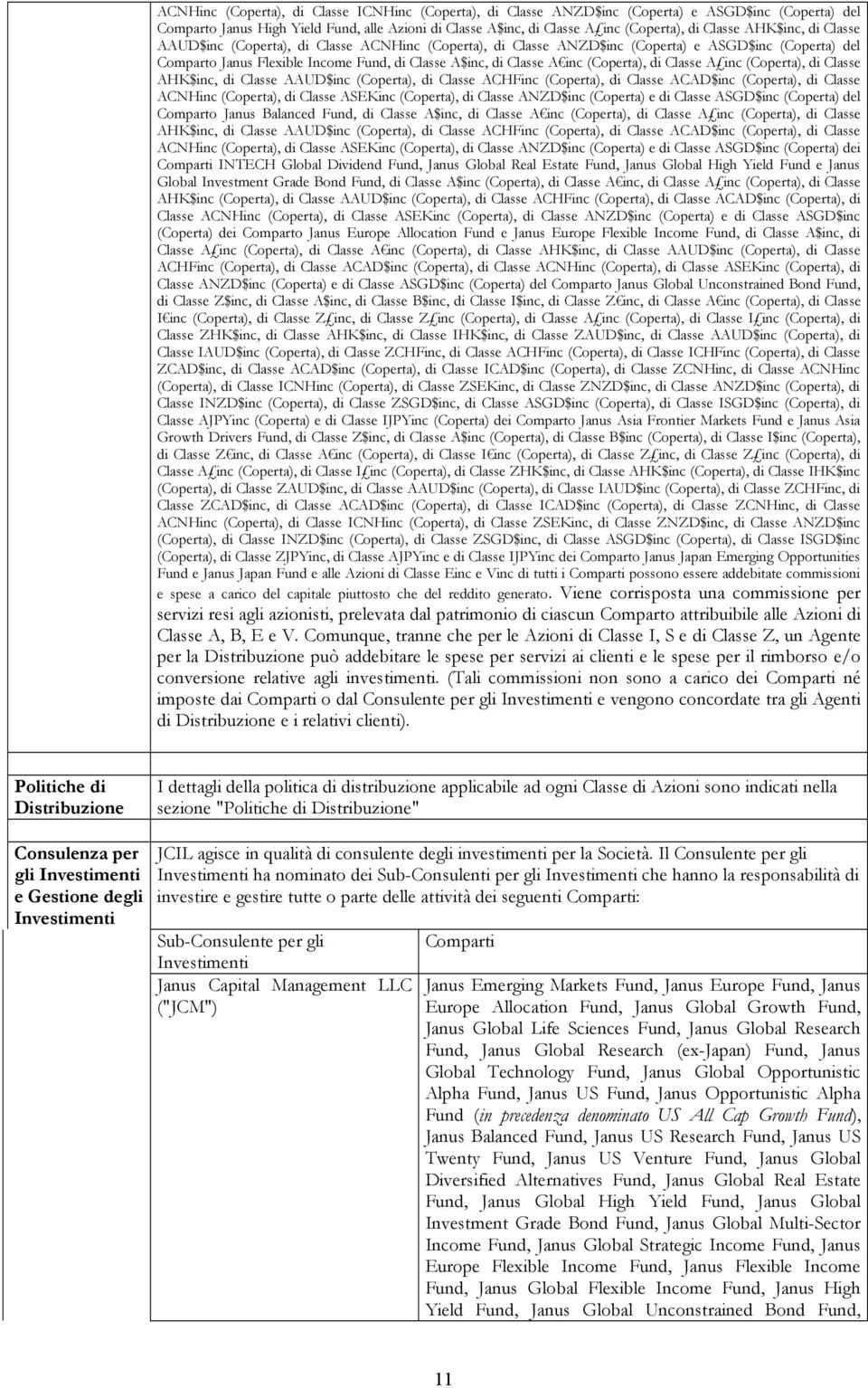 di Classe ACNHinc, di Classe ASEKinc, di Classe ANZD$inc e di Classe ASGD$inc del Comparto Janus Balanced Fund, di Classe A$inc, di Classe A inc, di Classe A inc, di Classe AHK$inc, di Classe