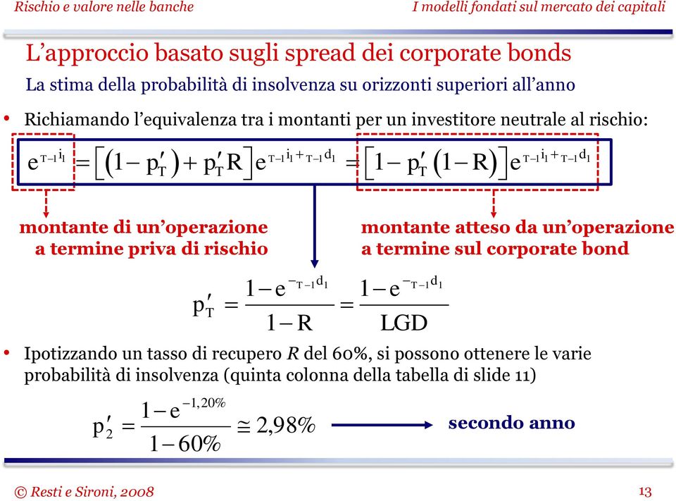 termine priva di rischio p e 1 d1 1 1 1 e 1 R LGD 1 Ipotizzando un tasso di recupero R del 60%, si possono ottenere le varie probabilità di